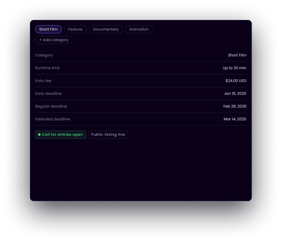 CineLot category settings with runtime, fees and deadlines